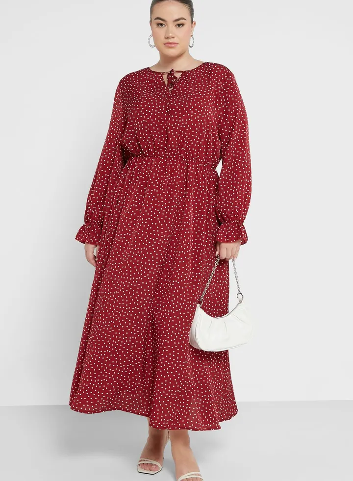 Tie Neck Detail Printed Dress