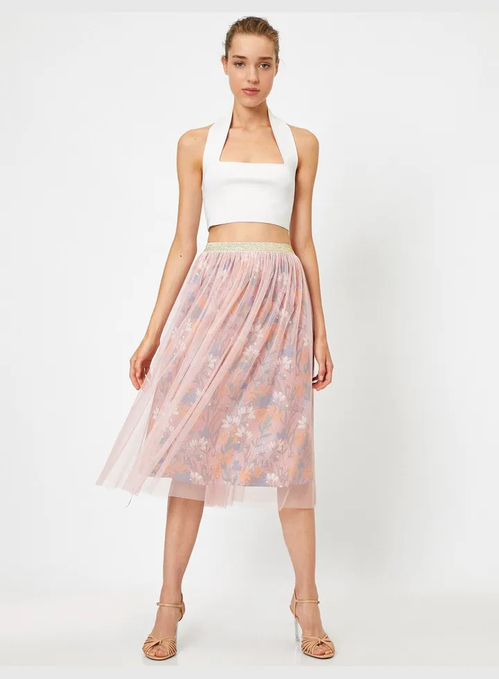 Floral Tulle Midi Skirt