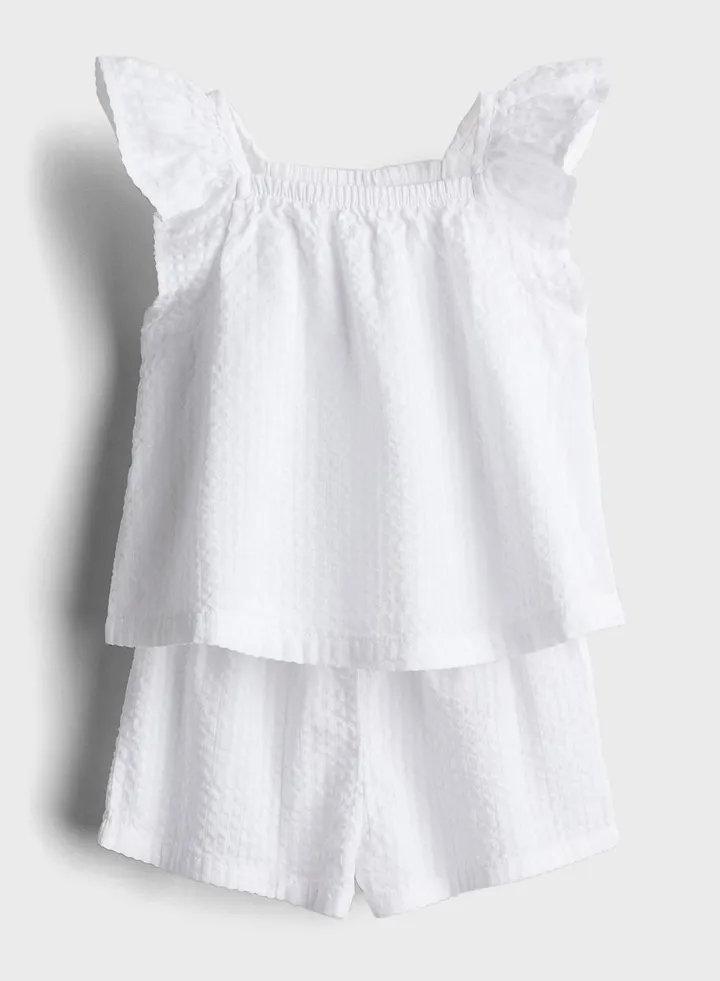Kids Striped Ruffle Sleeve Dress & Shorts Set
