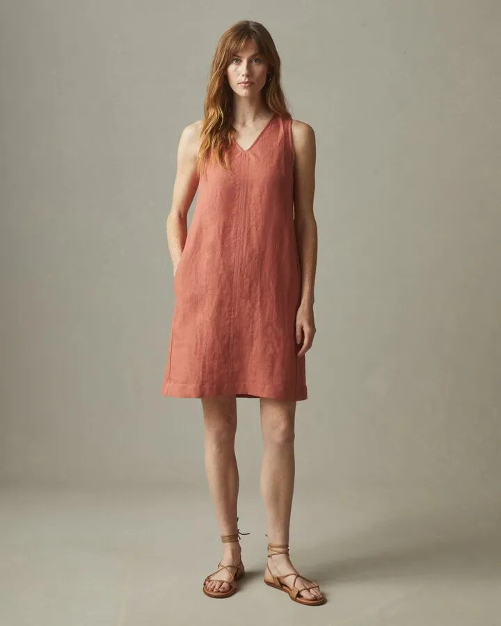 Linen V-Neck A-Line Dress - Deep Apricot