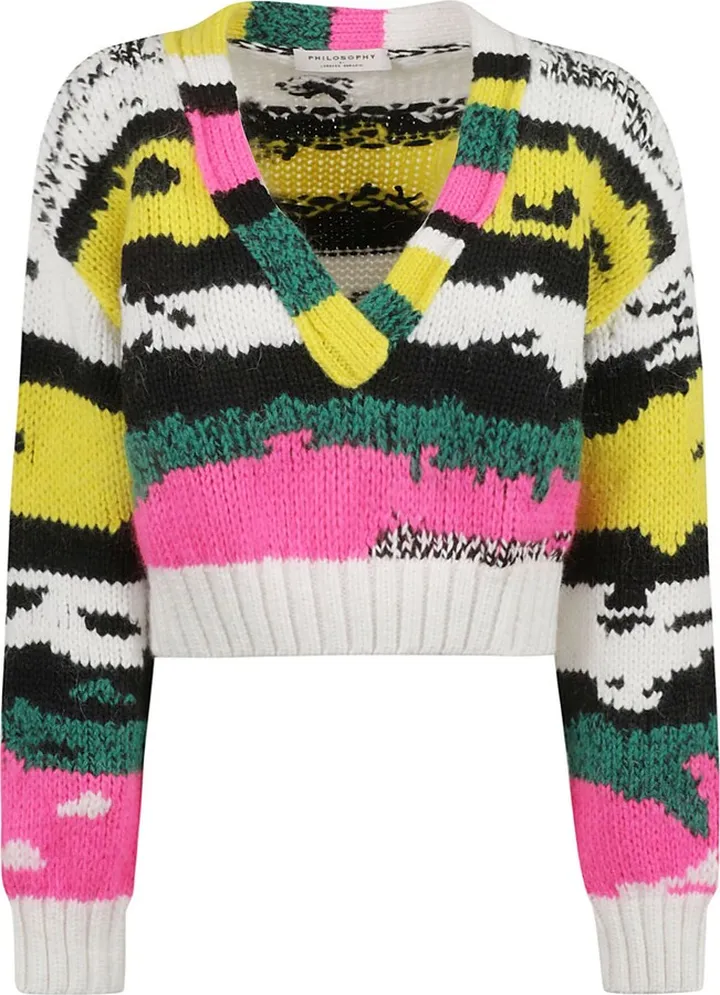 V-neck Stripe Patterned Crop Sweater