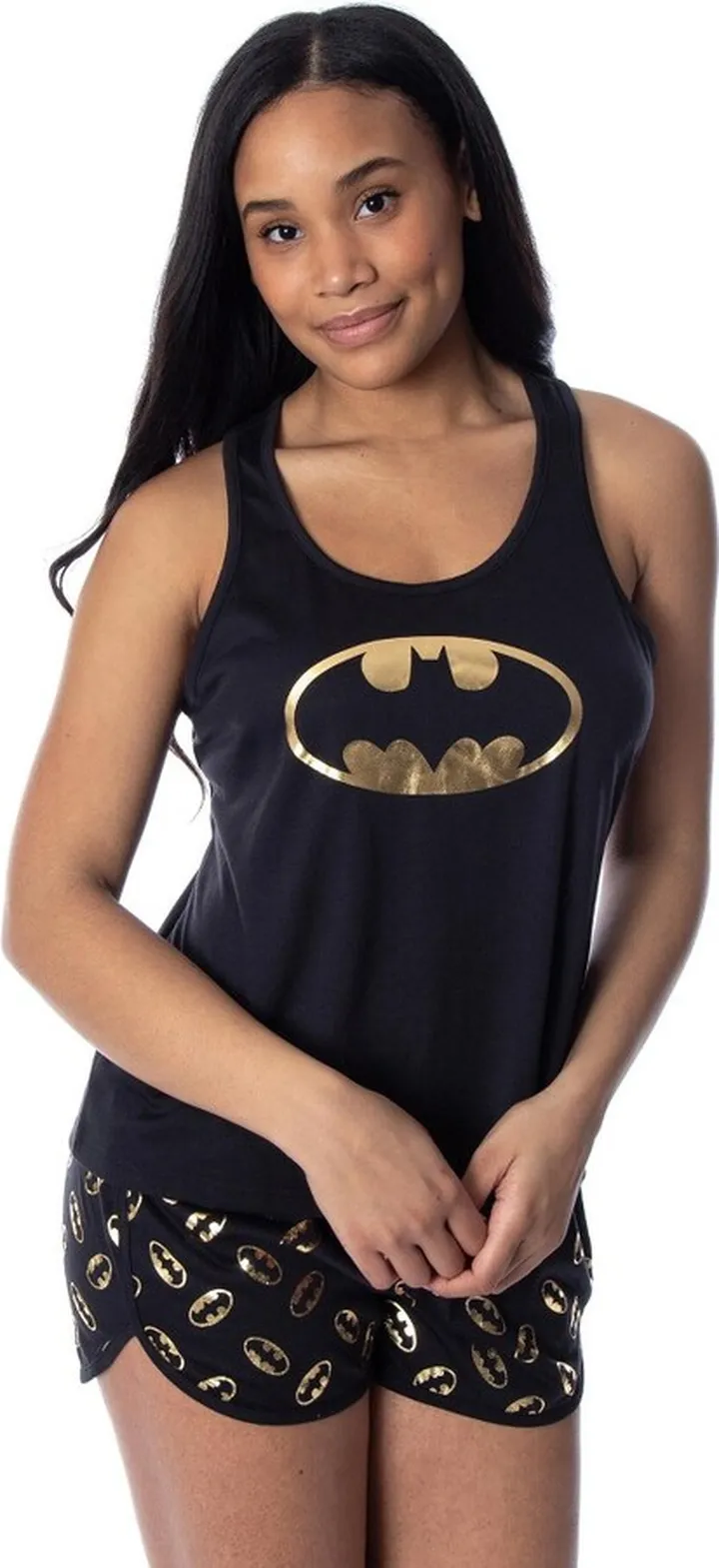 DC Comics Women's Batman Gold Foil Logo Racerback Tank Shorts Pajama Set (SM) Black