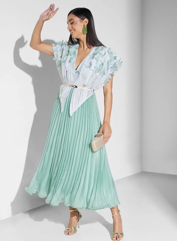 Plisse Belted Embellished Dress