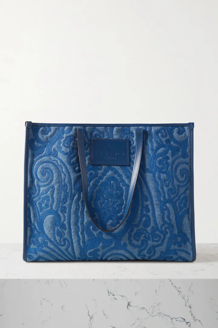 Etro - Leather-trimmed Paisley Cotton-jacquard Tote - Blue