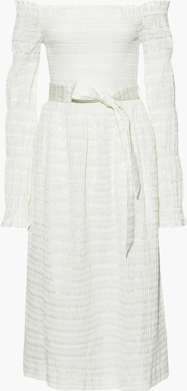 Jame off-the-shoulder belted shirred seersucker midi dress