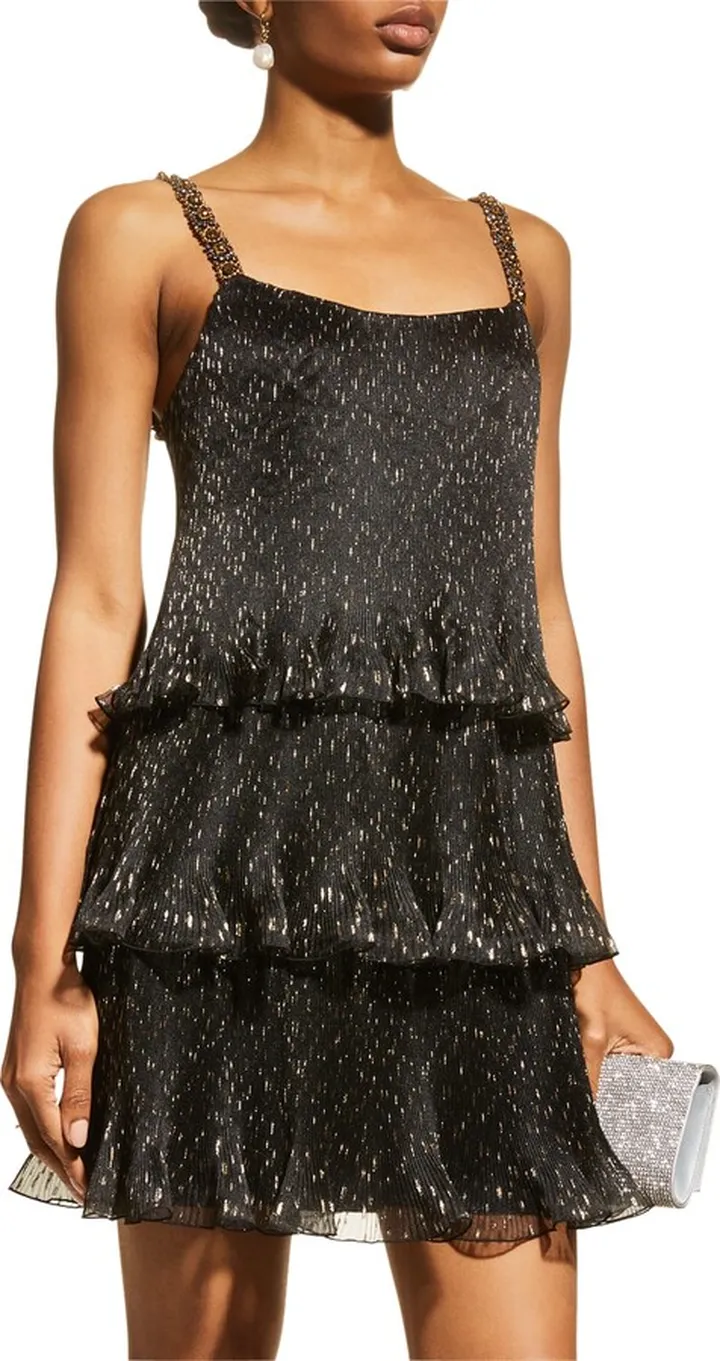 Metallic Plisse Tiered Mini Dress