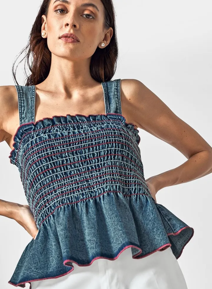 Ruched Denim Top