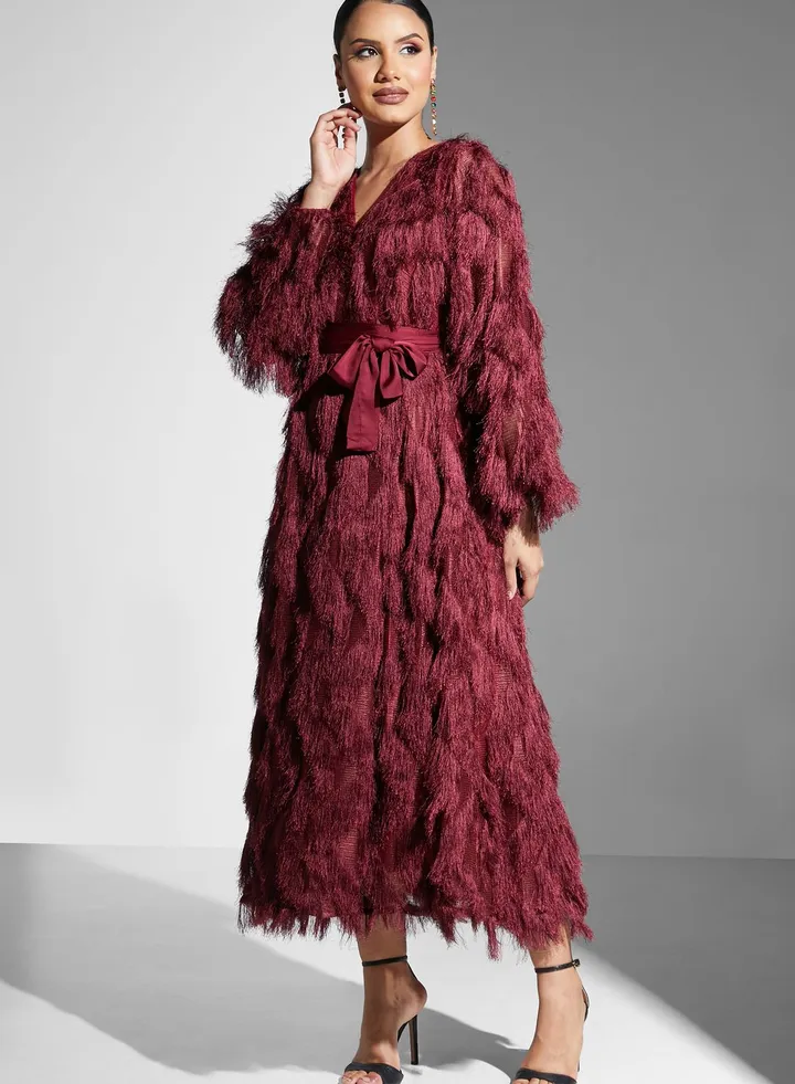 Fur Waterfall Trim Belted Dress