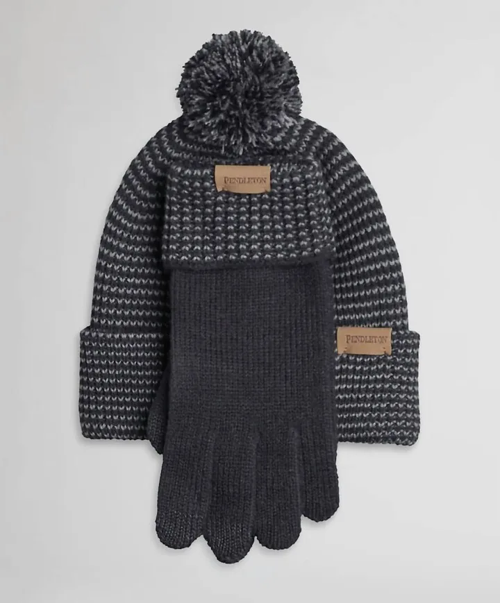 Pom Pom Beanie & Texting Gloves Set in Black
