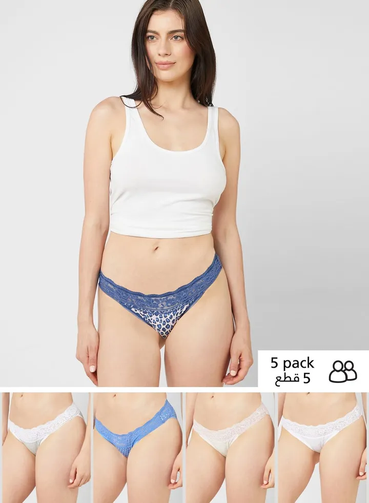 5 Pack Cotton Blend & Lace Bikini Knickers