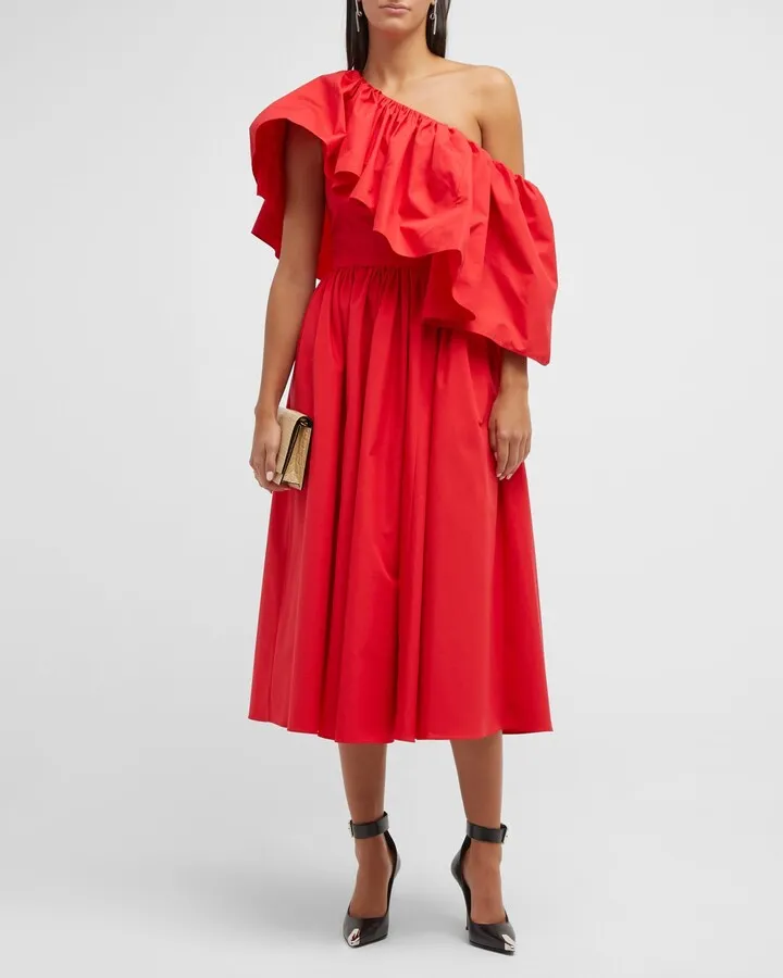 One Shoulder Ruffle Midi Dress