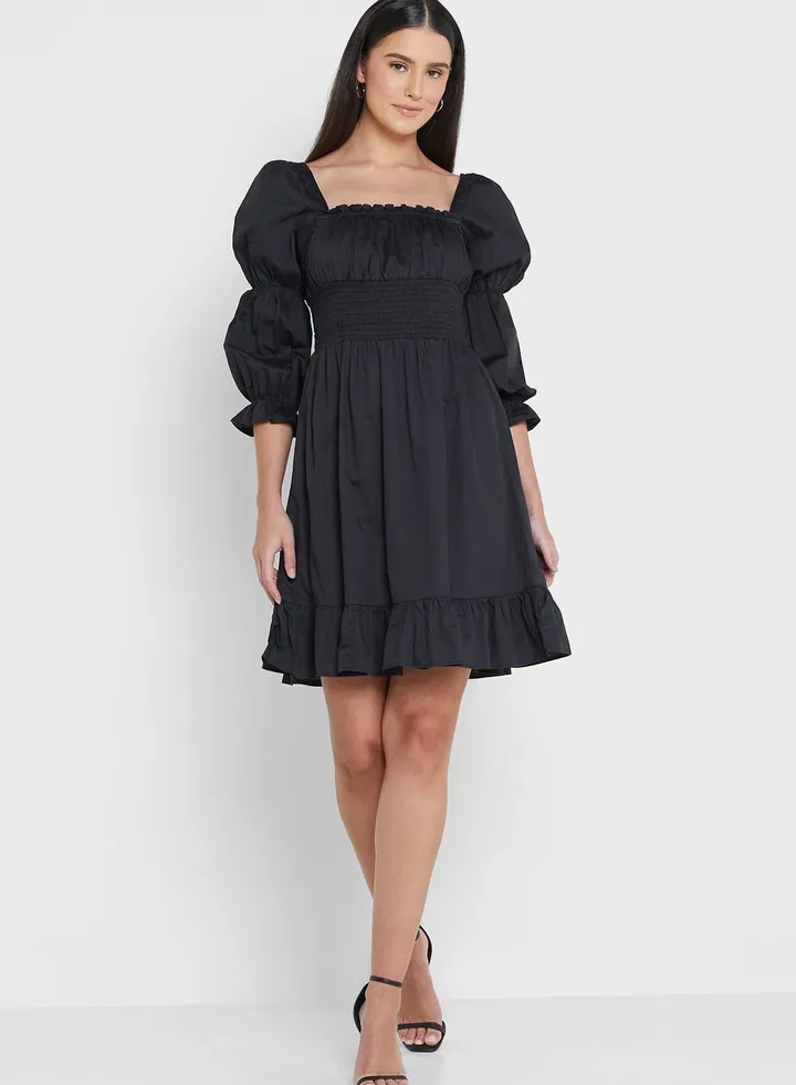 Square Neck Puff Sleeve Tiered Dress