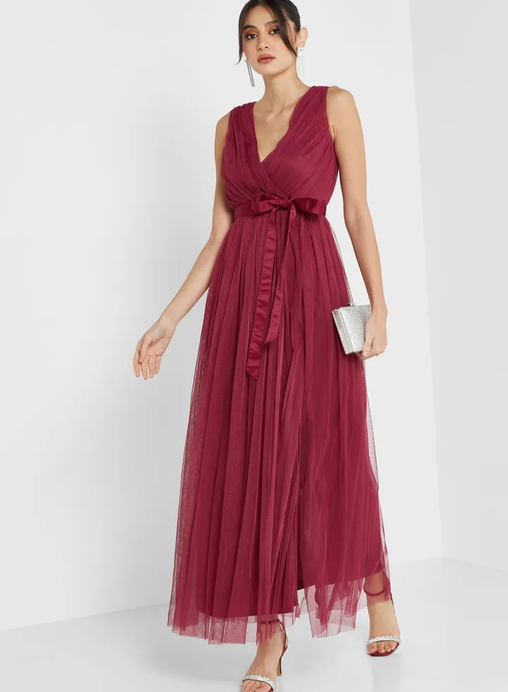 Surplice Neck Mesh Plisse Dress
