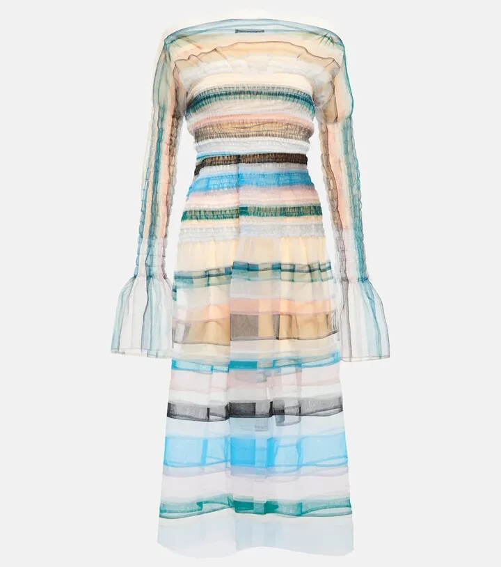 Striped shirred tulle midi dress
