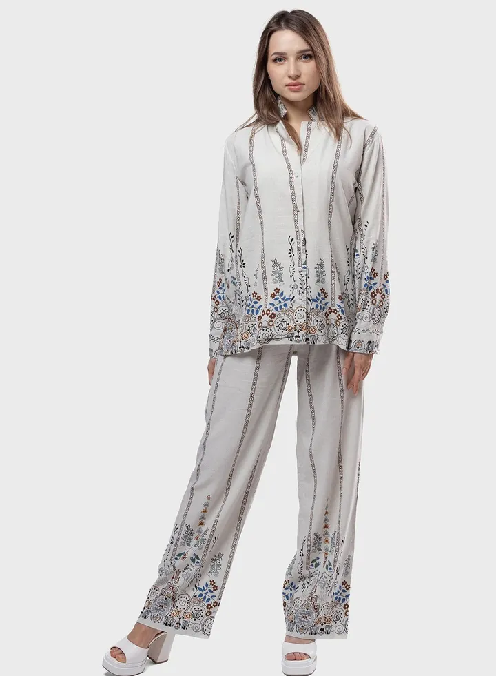 Button Down Patterned Shirt & Pants Set