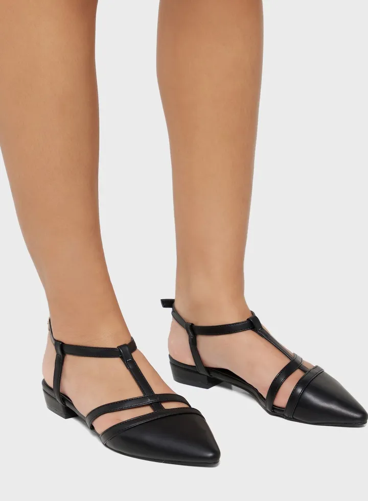 Tbar Detail Rounded Heel Flat Shoe Black