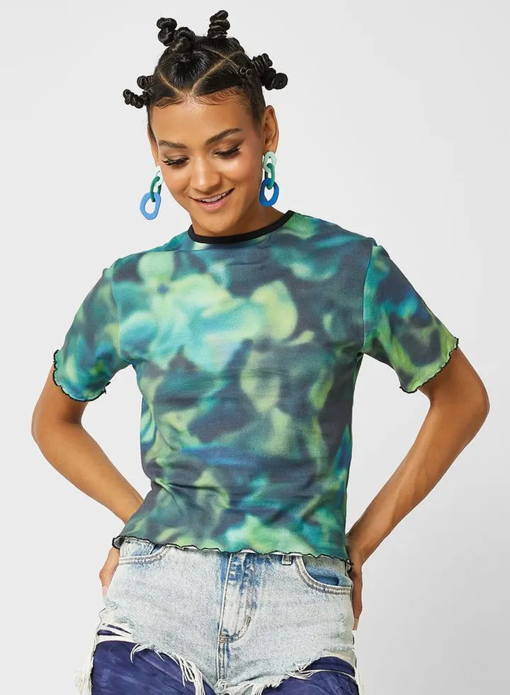 Floral Print Lettuce Hem Tshirt
