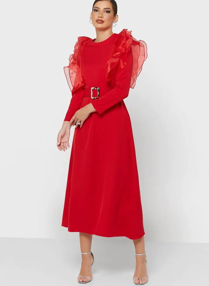 Belted Ruffled Shoulder Detail Dress