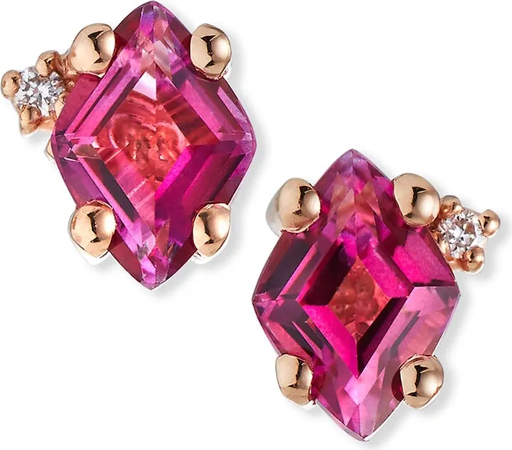 14K Rose Gold Princess-Cut Stud Earrings in Rhodolite