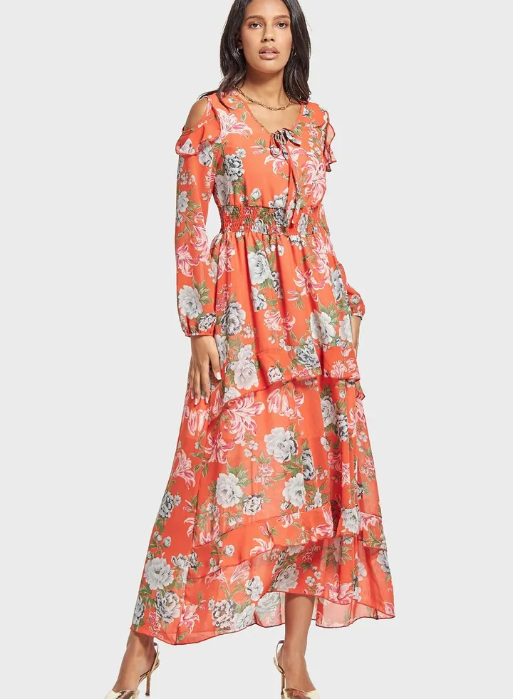 Cold Shoulder Floral Print Dress