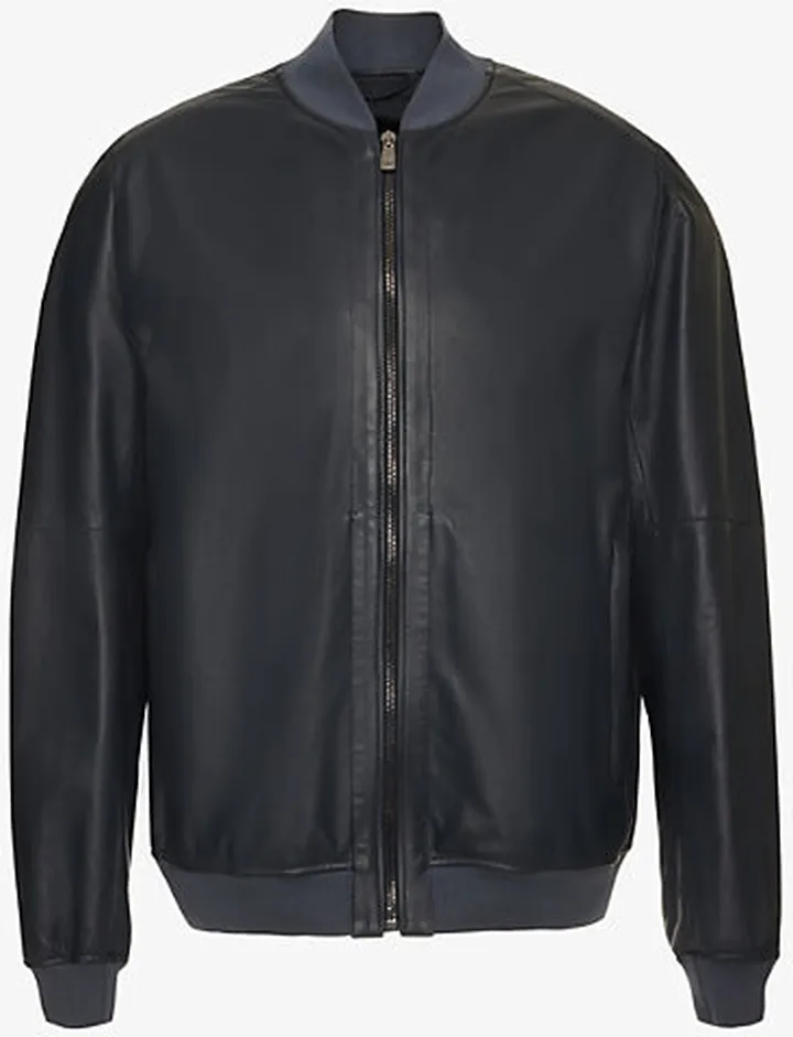 Mens Navy Stand-collared Zip-pocket Regular-fit Leather Bomber Jacket