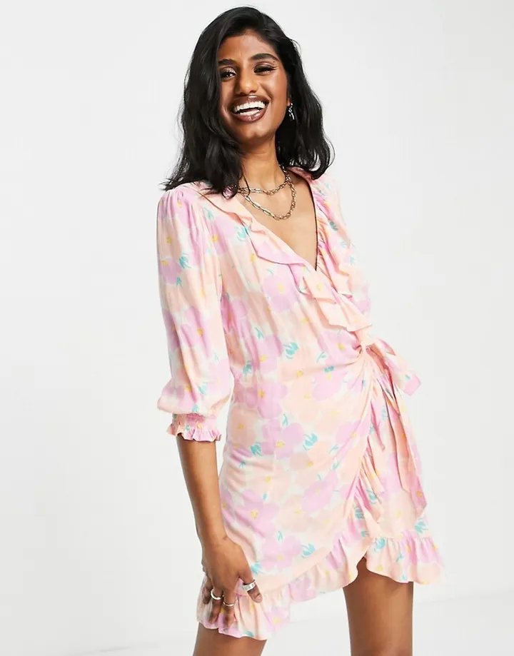 Topshop washed neon floral mini wrap dress