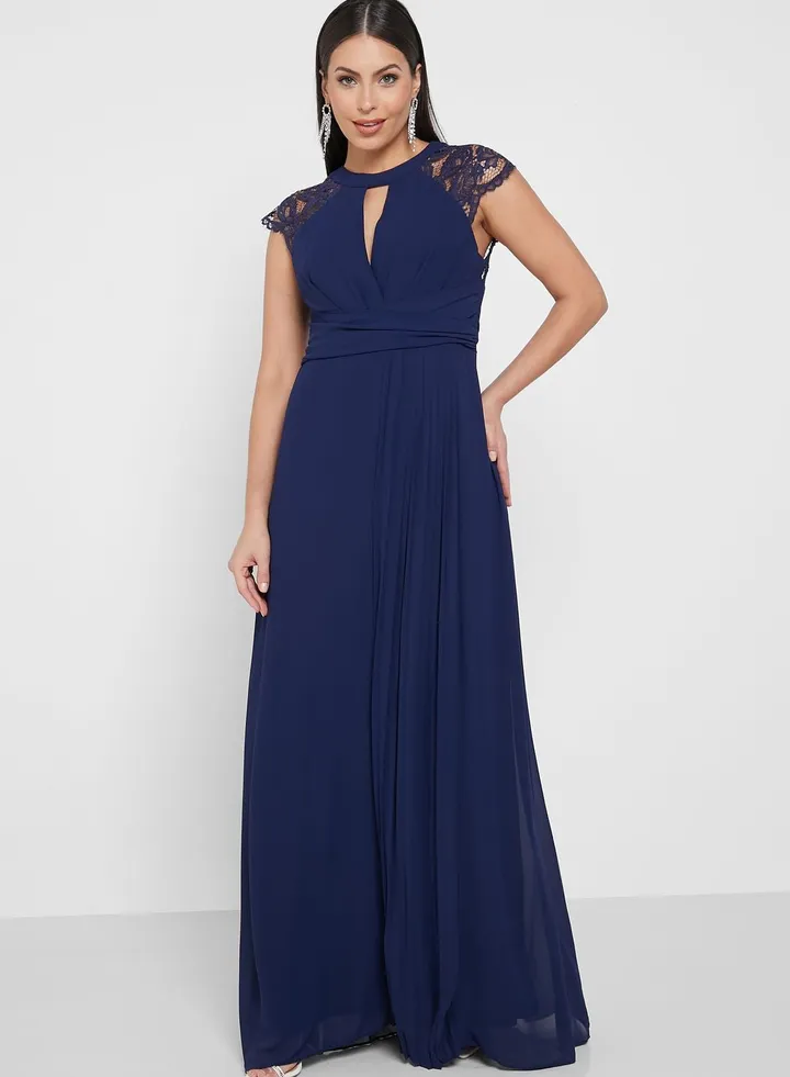 Keyhole Cap Sleeve Lace Trim Dress