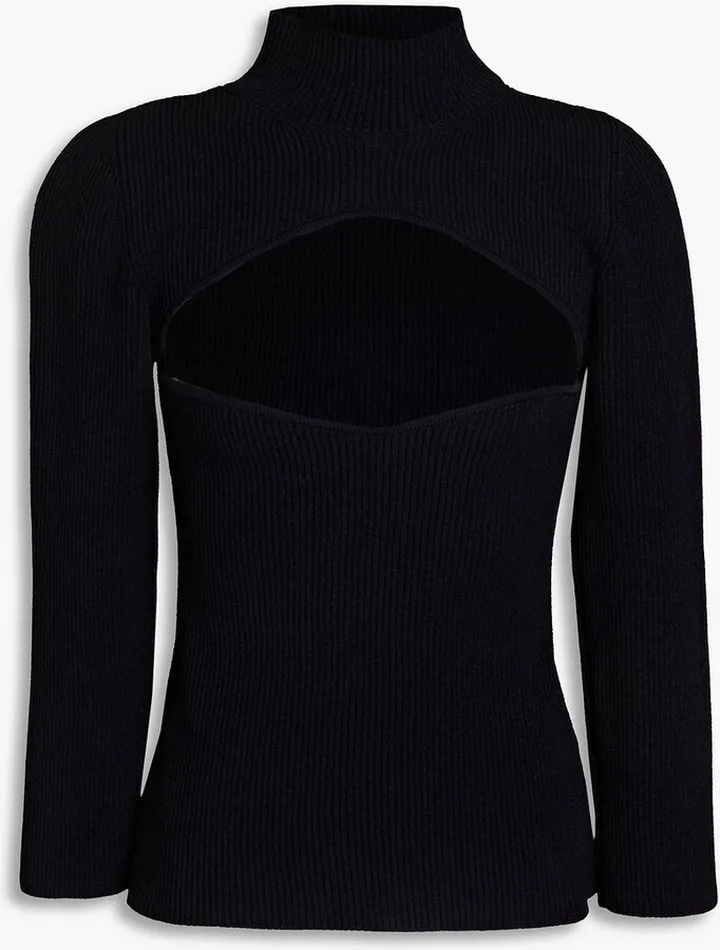 Cutout ribbed-knit turtleneck top