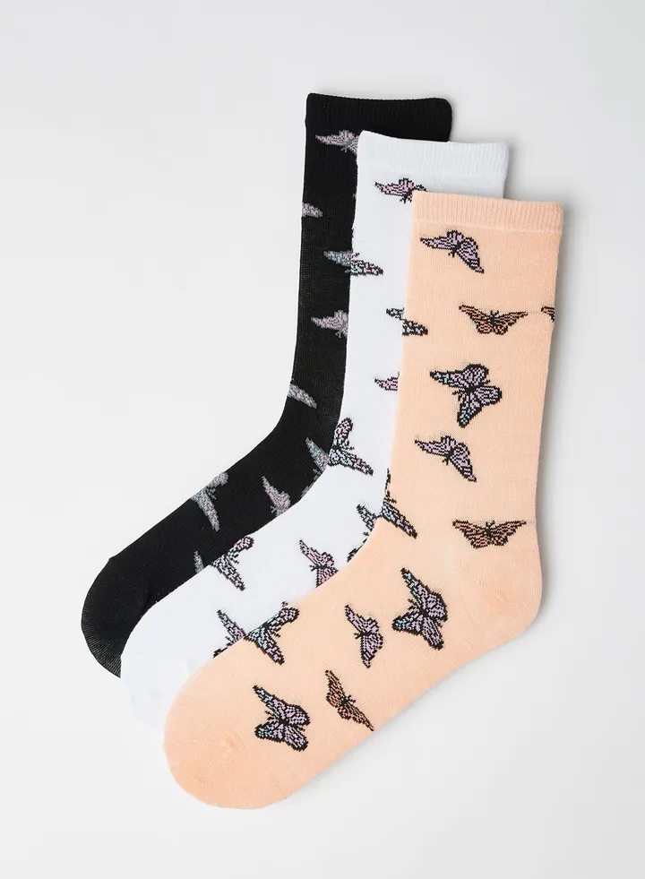 Jacquard Butterfly Pattern Socks (Pack of 3