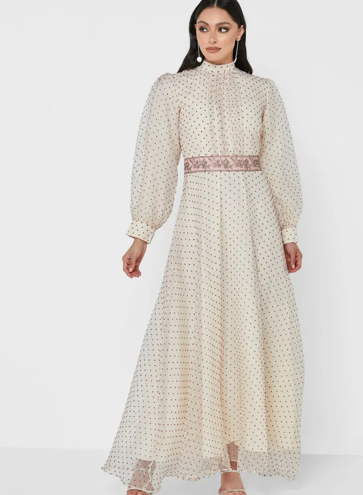 Cuff Sleeve Embroidered Waist Fit & Flare Dress