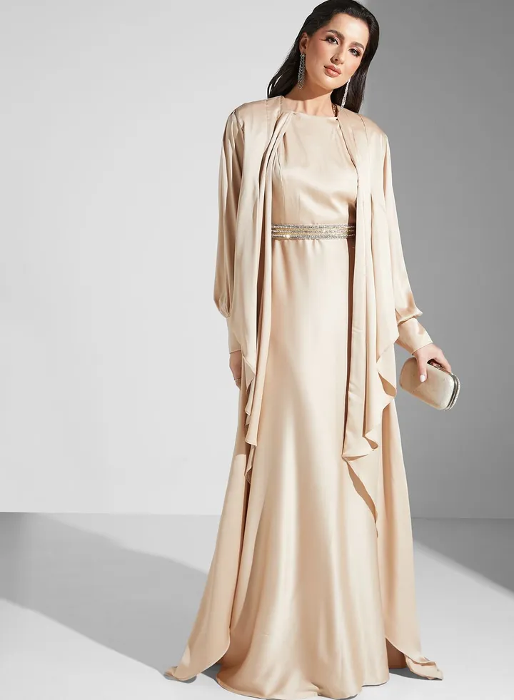Puff Sleeve Waterfall Trim Dress