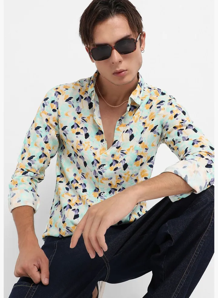 Printed Spread Collar Long Sleeve Shirt
