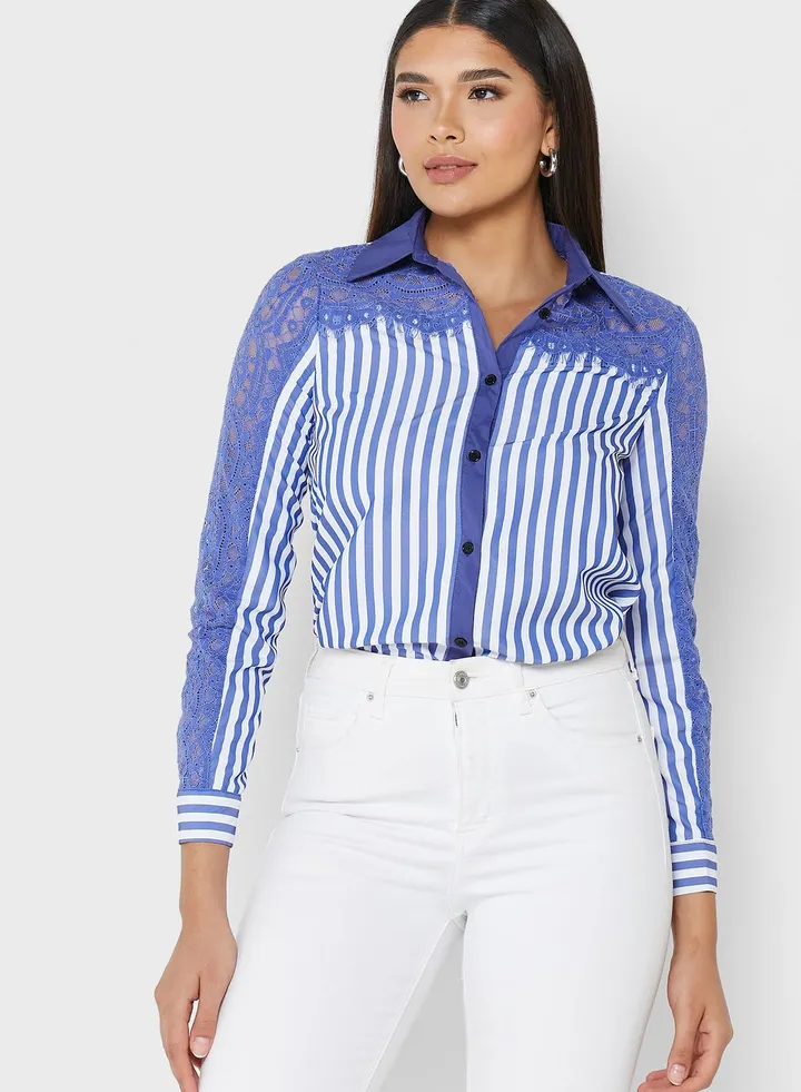 Lace Sleeve Detail Striped Shirt