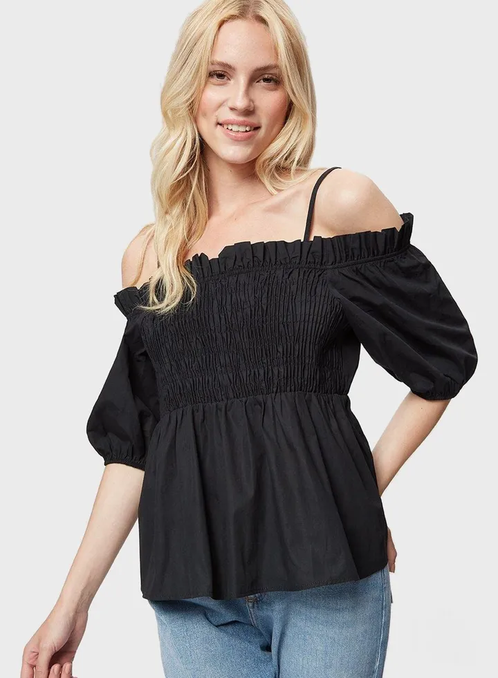 Bardot Puff Sleeve Shirred Top