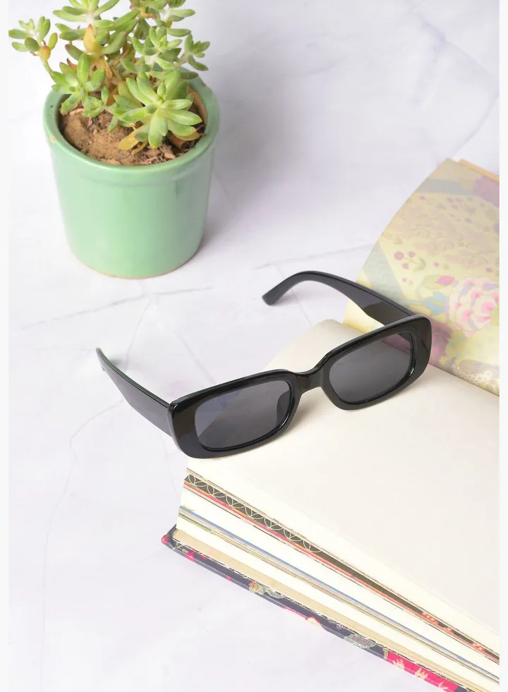 Women Black Lens Black Rectangle Sunglasses