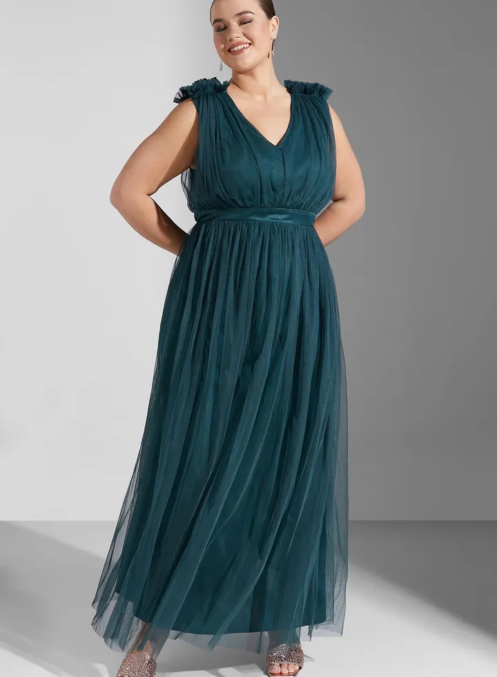 Belted Tulle Pleated Dress