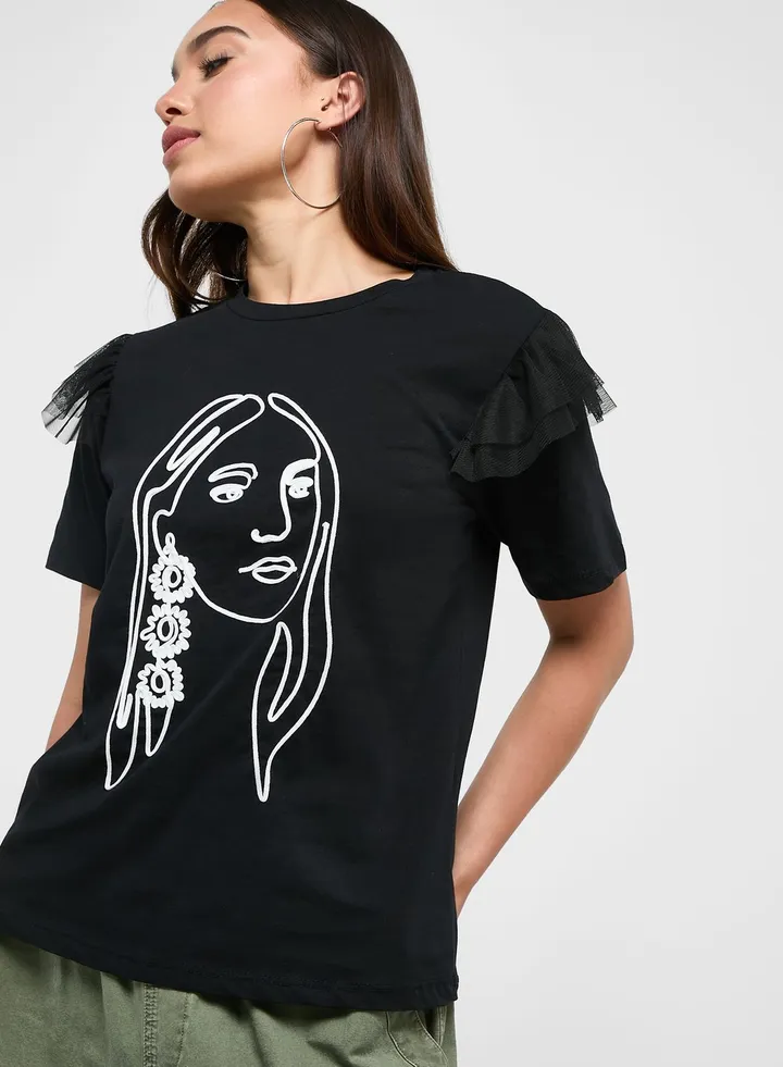 Graphic T-Shirt With Tulle Detail