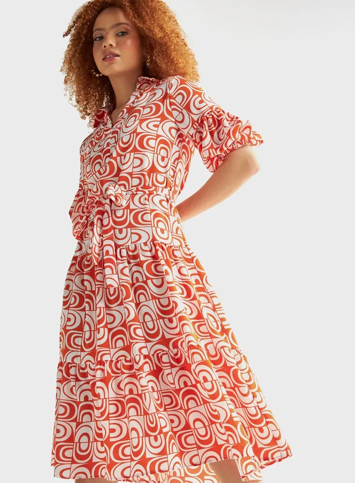 Balloon Sleeve Knot Detail Dress