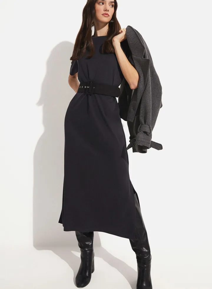 Belted Slit Hem Dress
