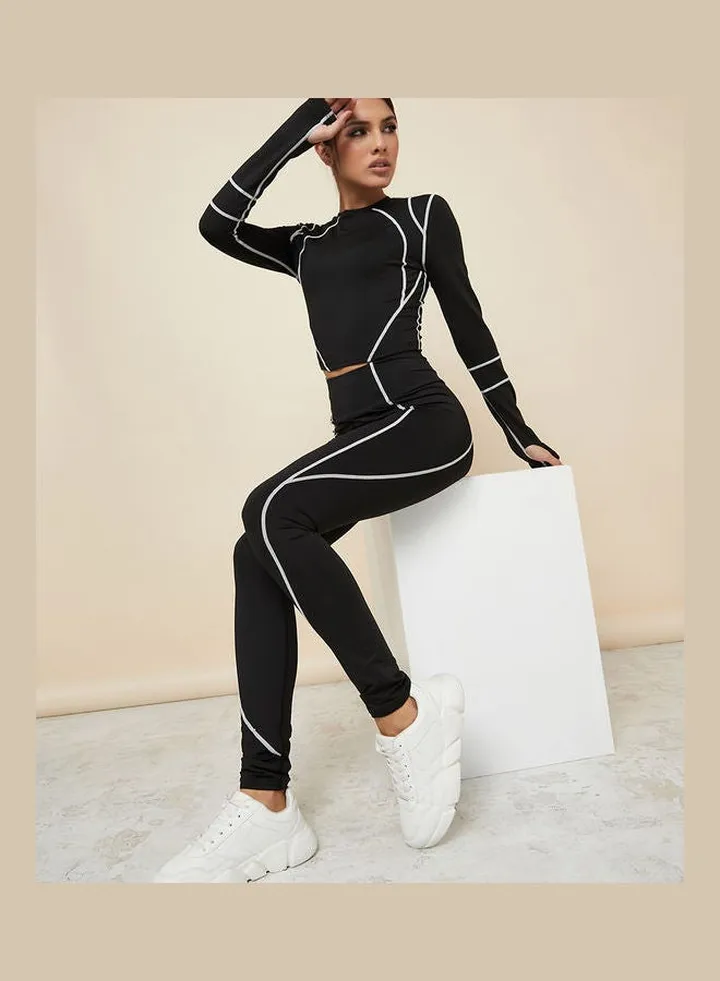 Overall Contrast Stitch Detail Thumbhole Crop Top and Leggings Active Set
