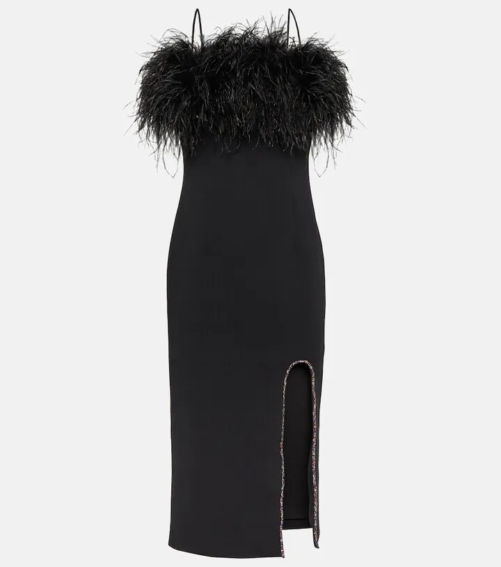 Feather-trimmed crepe midi dress