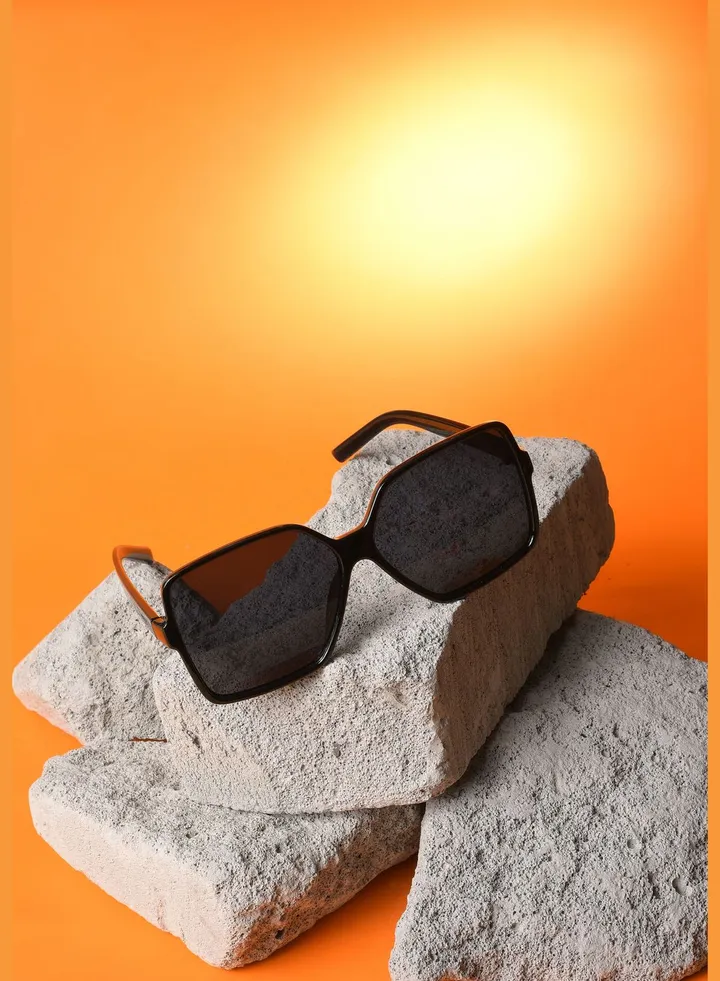 Women Black Lens Black Rectangle Sunglasses