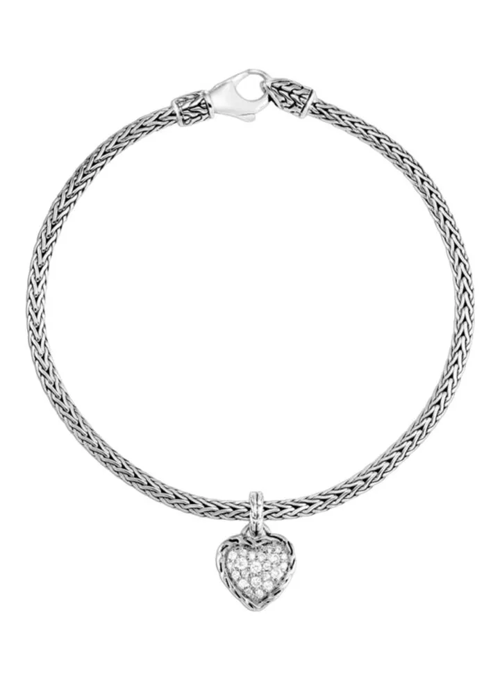Classic Chain Silver and White Diamond Heart Braided Bangle Bracelet