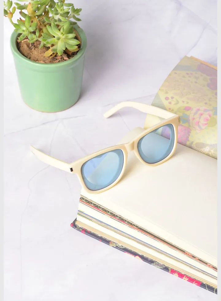 Women Blue Lens White Square Sunglasses