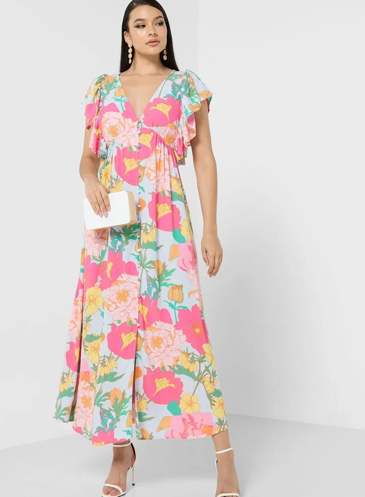 Ruffle Sleeve Floral Print Dress