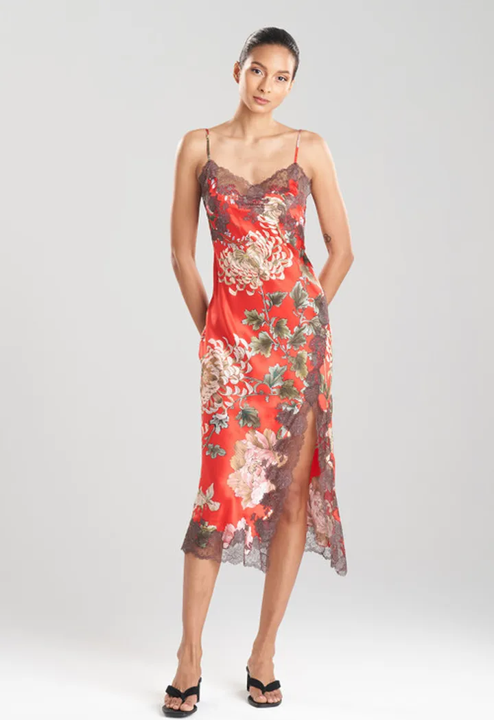 Kairaku Garden Charmeuse Lace Slit Silk Gown