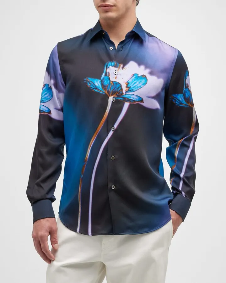 Men's Floral-Print Silk Sport Shirt