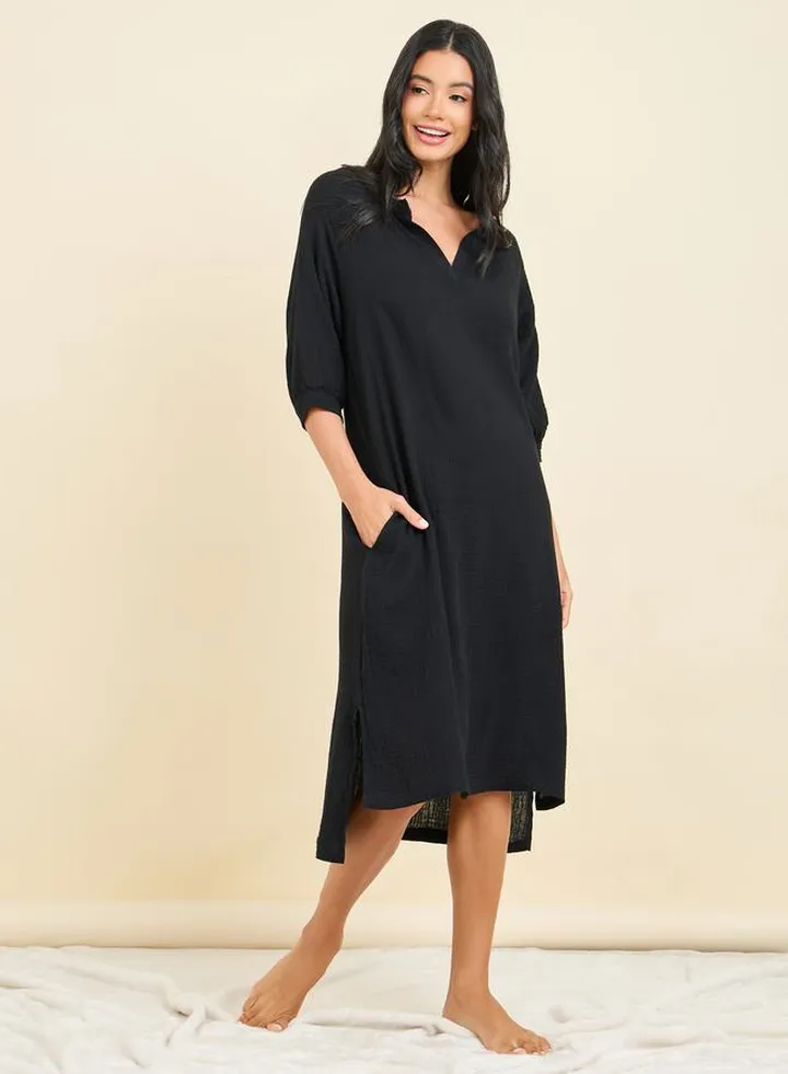 Cotton Textured V Neck Pocket Detail Nightdress