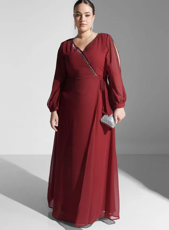 Embellished Trim Wrap Dress