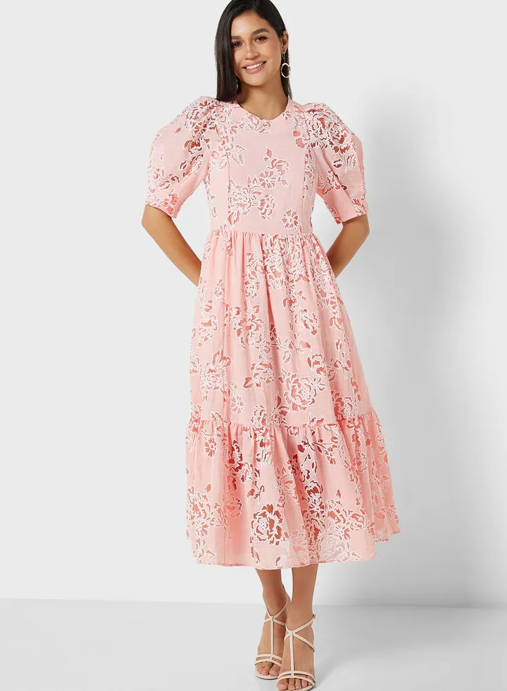 Puff Sleeve Floral Printed Tiered Dress